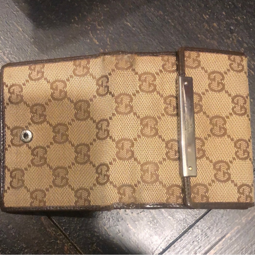 GUCCI GG Trifold Canvas Jacquard Wallet Tan Brown Leather Accent - Picture 5 of 17